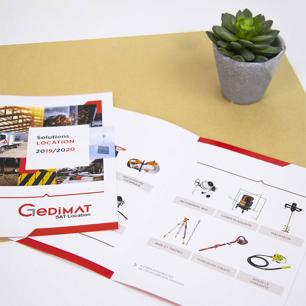 Plaquette, flyer, supports de communication pour les solution de location de la marque GEDIMAT